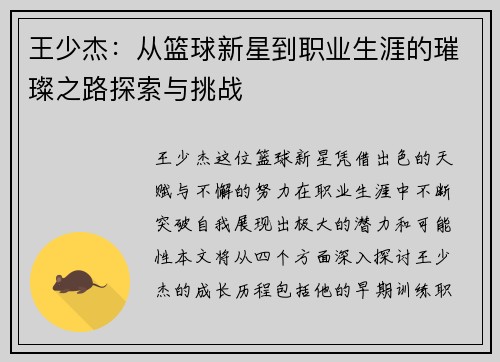 王少杰：从篮球新星到职业生涯的璀璨之路探索与挑战
