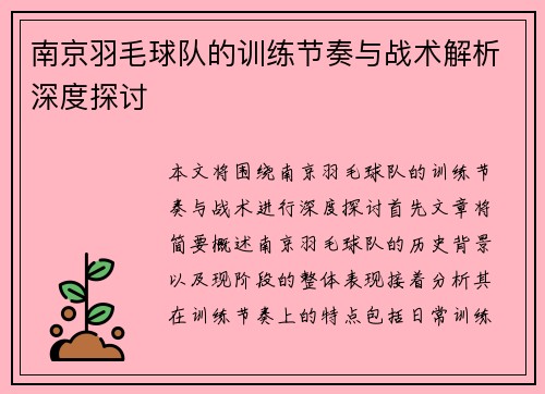 南京羽毛球队的训练节奏与战术解析深度探讨