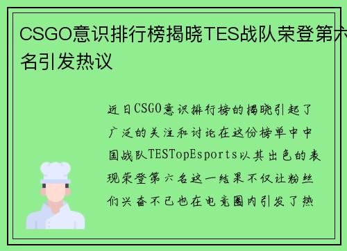 CSGO意识排行榜揭晓TES战队荣登第六名引发热议
