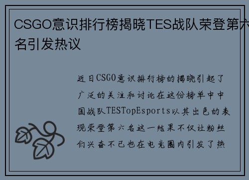 CSGO意识排行榜揭晓TES战队荣登第六名引发热议