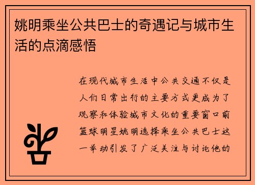 姚明乘坐公共巴士的奇遇记与城市生活的点滴感悟
