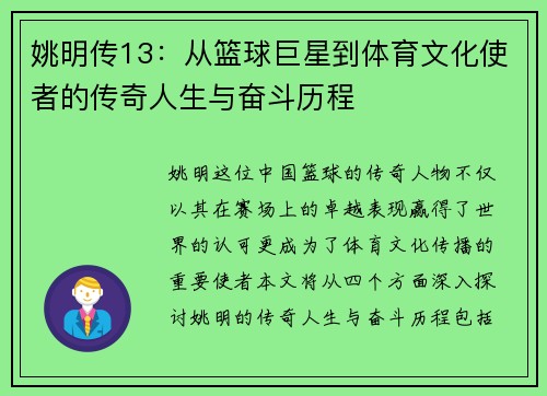 姚明传13：从篮球巨星到体育文化使者的传奇人生与奋斗历程