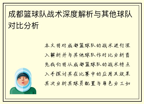 成都篮球队战术深度解析与其他球队对比分析