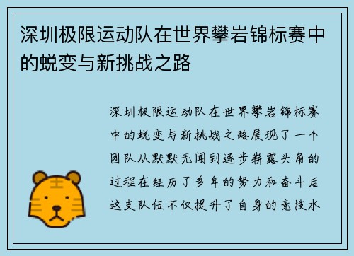 深圳极限运动队在世界攀岩锦标赛中的蜕变与新挑战之路
